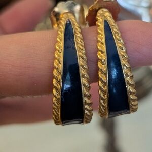Elegant Vintage Gold and Enamel Blue Hoop‎ Earrings